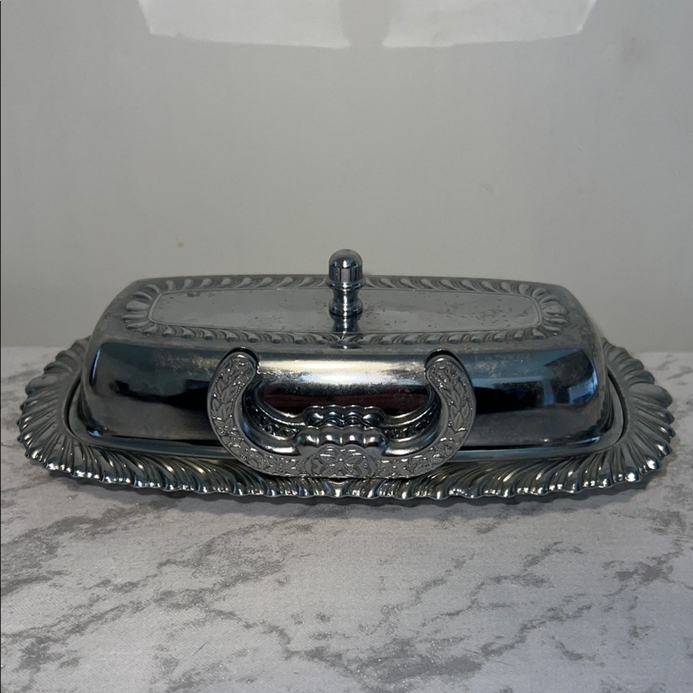 Vintage Irvinware Chrome Plated Butter Dish With A Glass Insert and Knife Holder